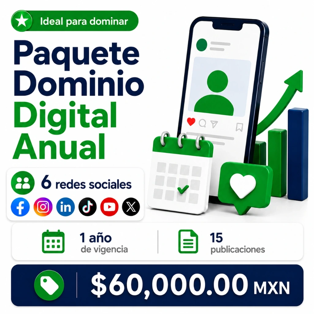 Paquete Dominio Digital Anual, 6 redes sociales, 1 año de vigencia, 15 publicaciones.