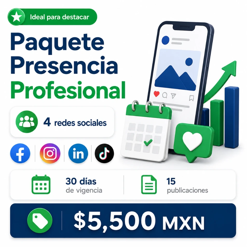 Paquete Presencia Profesional, 4 redes sociales, 30 días de vigencia, 15 publicaciones.