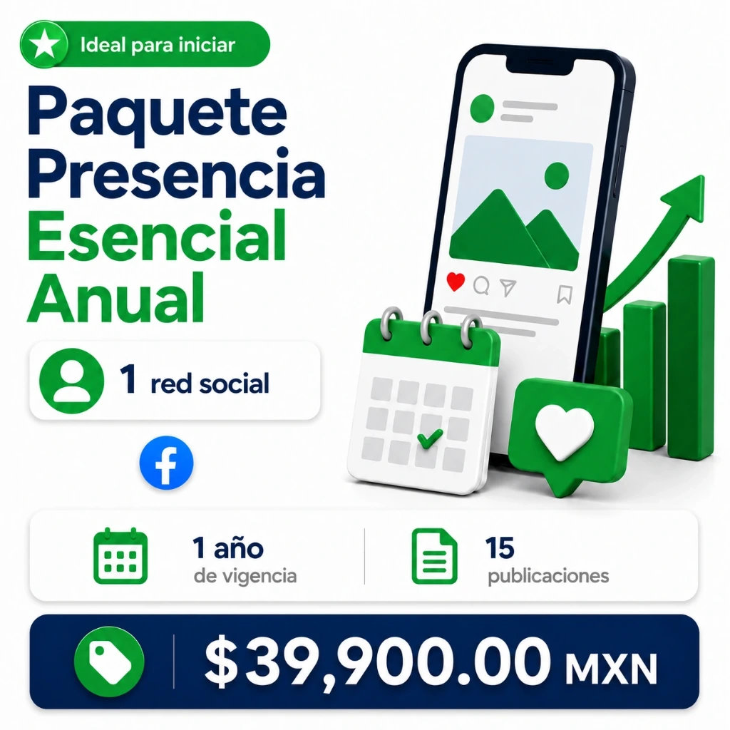 Paquete Presencia Esencial Anual, 1 red social, 1 año de vigencia, 15 publicaciones.