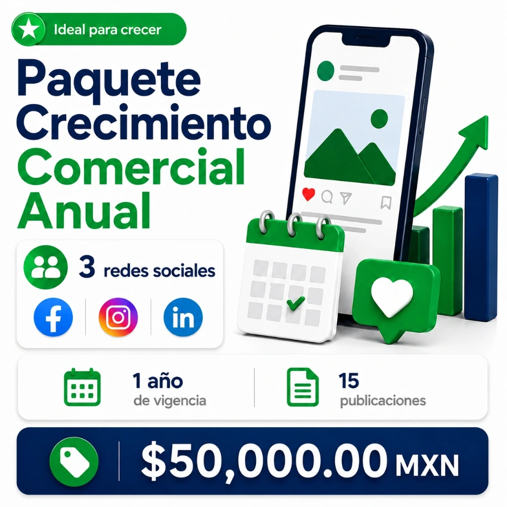 Paquete Crecimiento Comercial Anual, 3 redes sociales, 1 año de vigencia, 15 publicaciones.